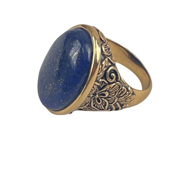 Barse Handcrafted Blue Lapis Gold-Tone Oval Ring With Floral Detailing Size 8 - Picture 8 of 9